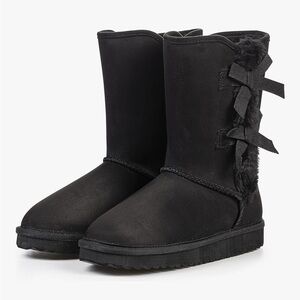 Womens Black Suede Snow Boots Mid-Calf Winter Shoes with Side Bows Size 7